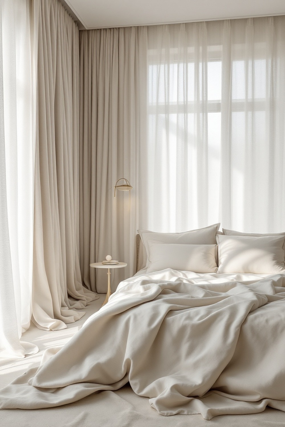 An elegant minimalist bedroom with soft neutrals, flowing floor-length linen and gentle curves