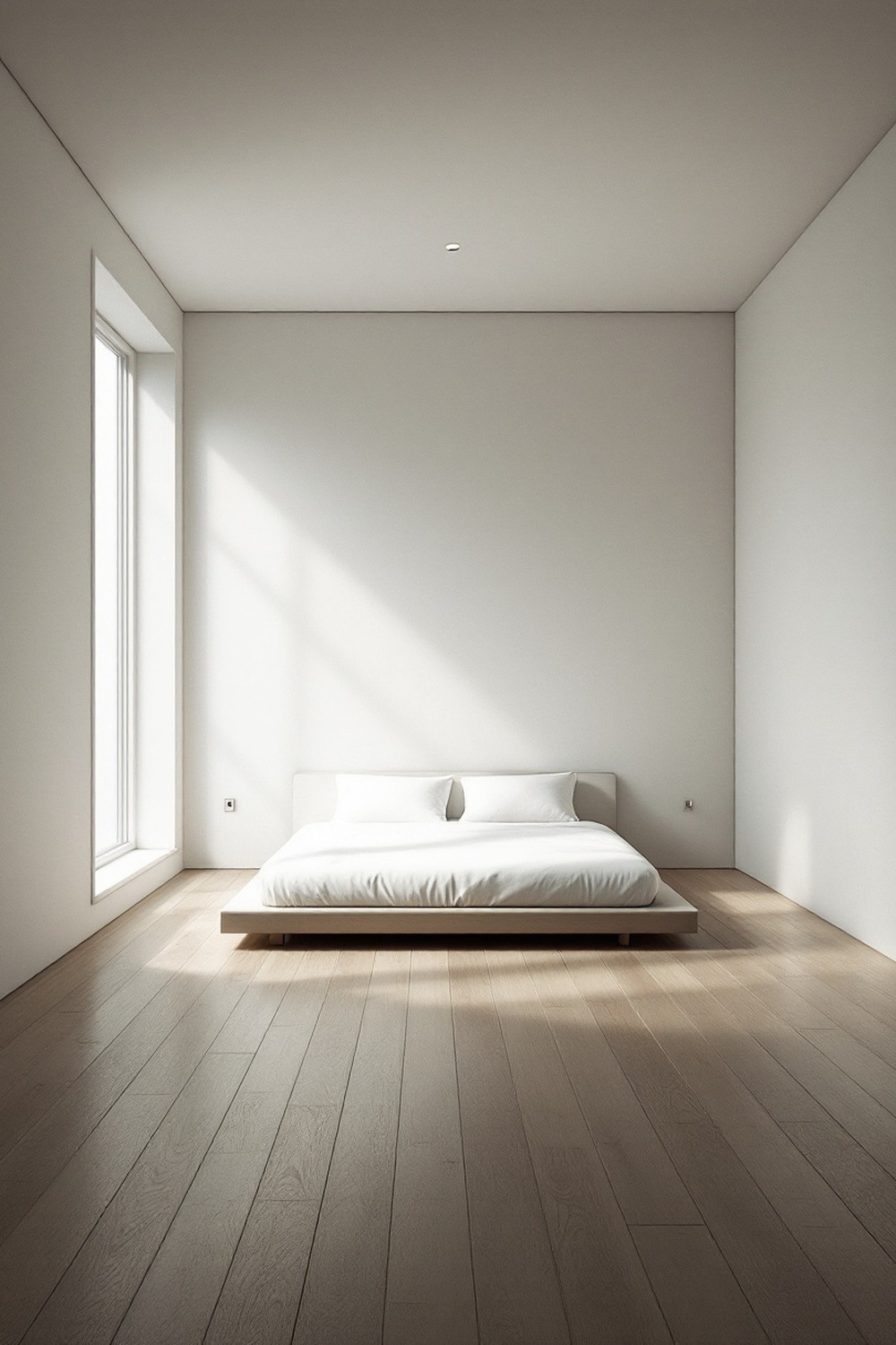 An extreme minimalist bedroom with a low bed, a single light and bare floors
