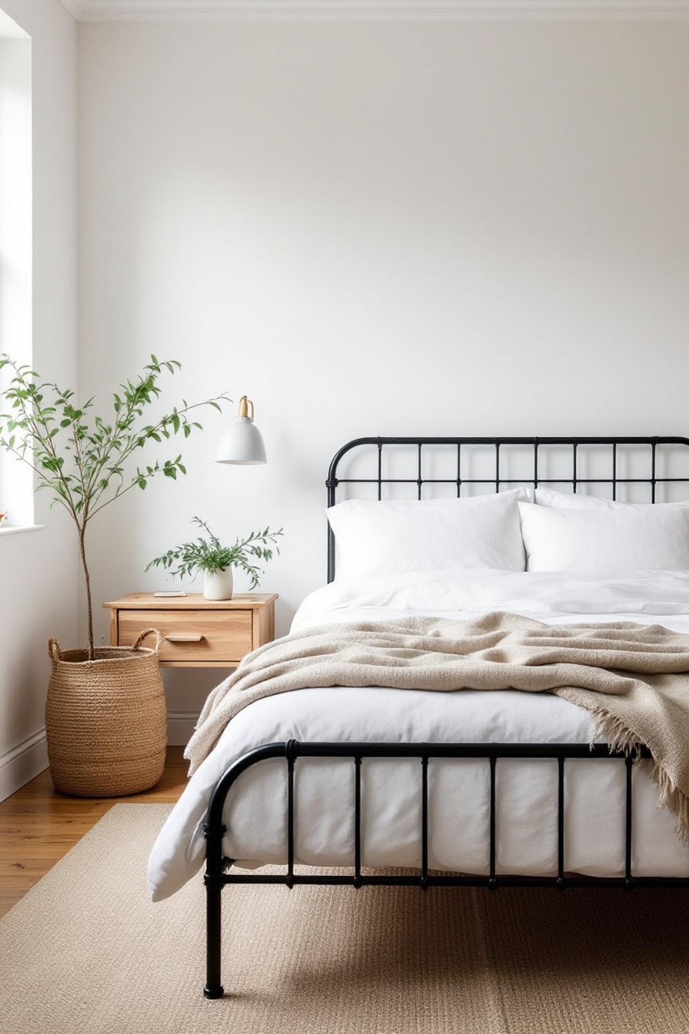 A modern farmhouse minimalist bedroom with a black metal bed, warm wood nightstand and white linen