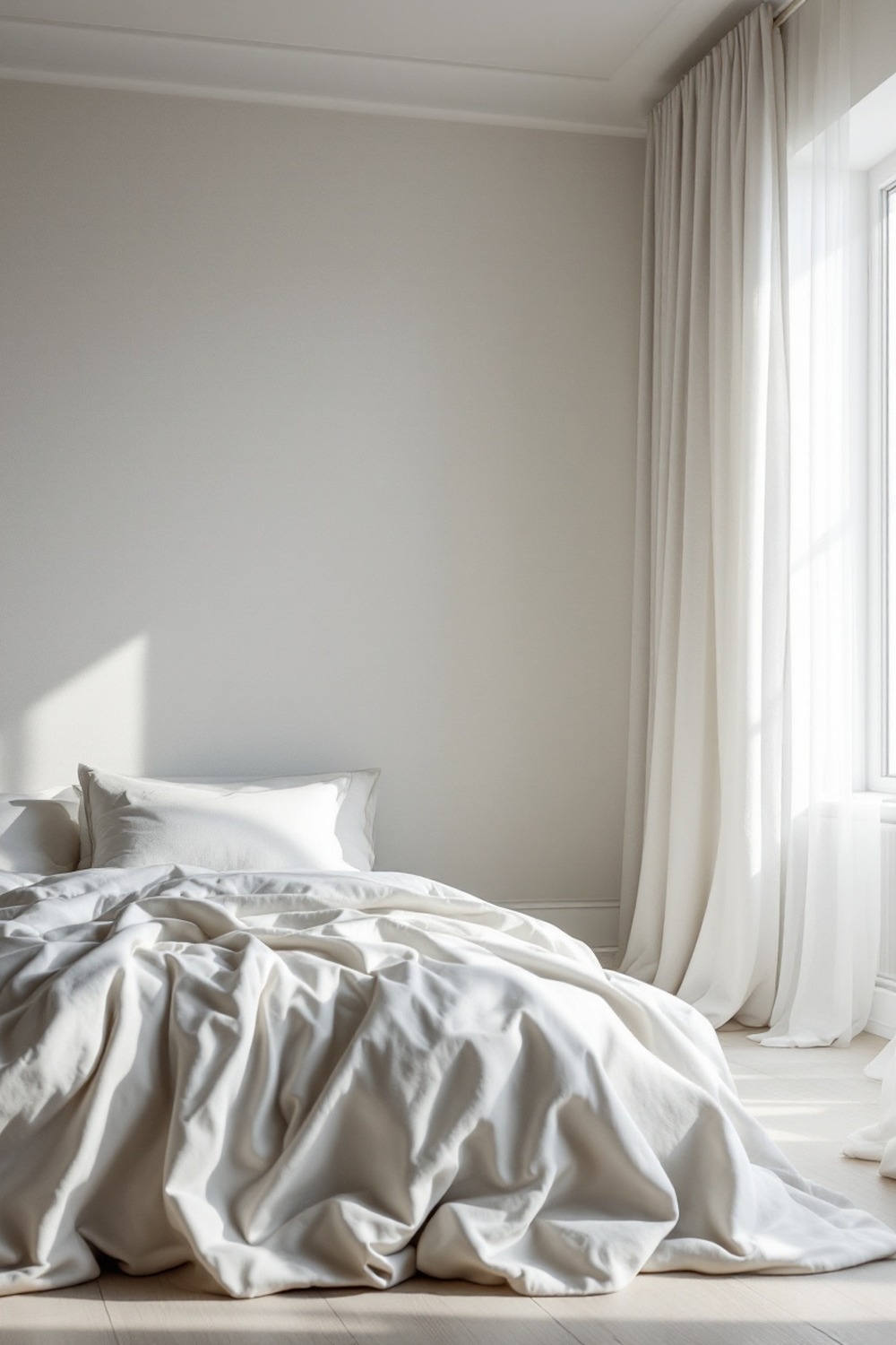 A minimalist bedroom with floor-pooling puddle curtains in drapey linen