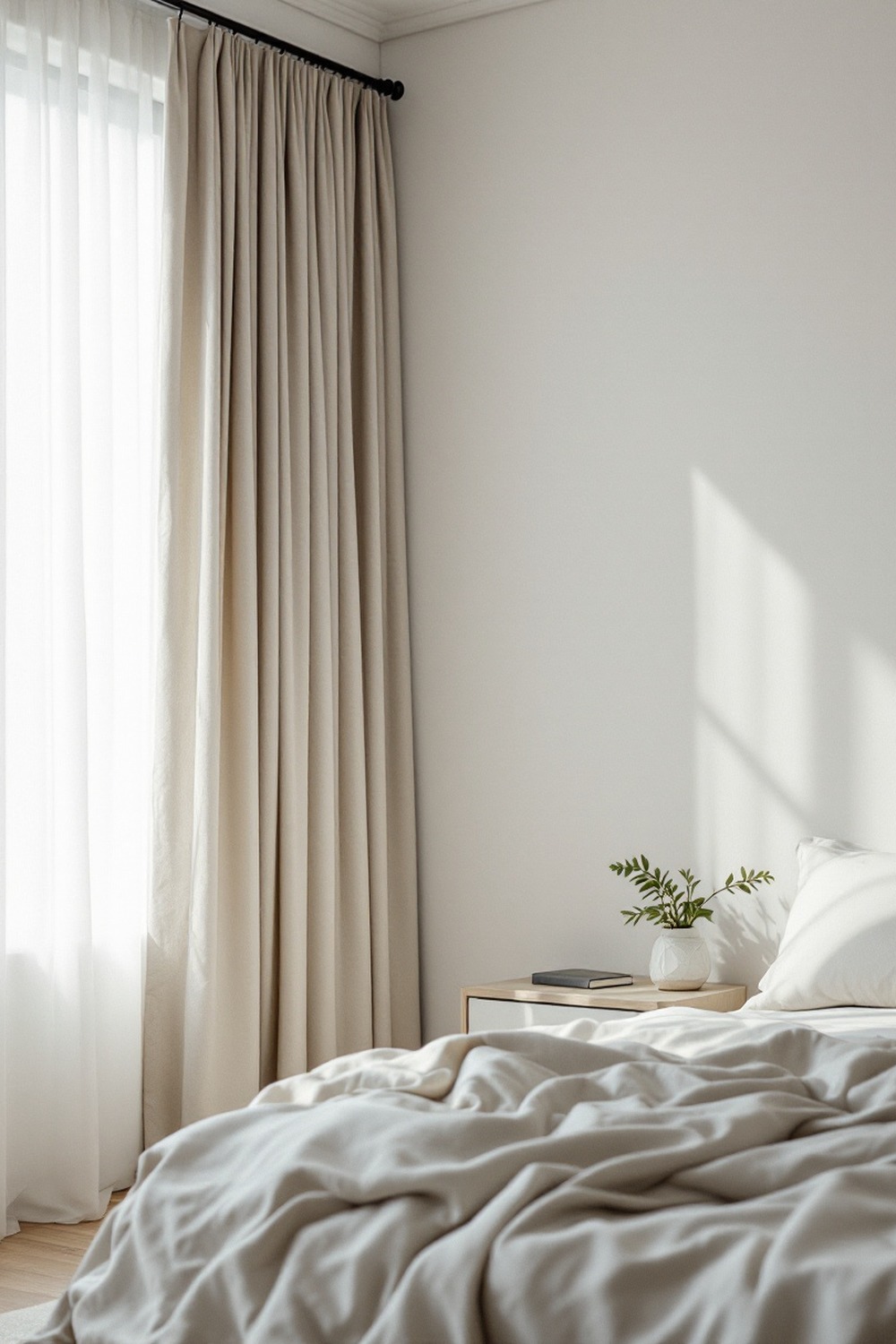 A minimalist bedroom with floor-to-ceiling curtains hung high and pooling at the floor