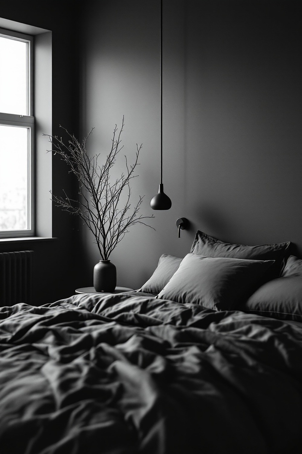 A goth minimalist bedroom with charcoal walls, matte black fixtures and deep grey bedding