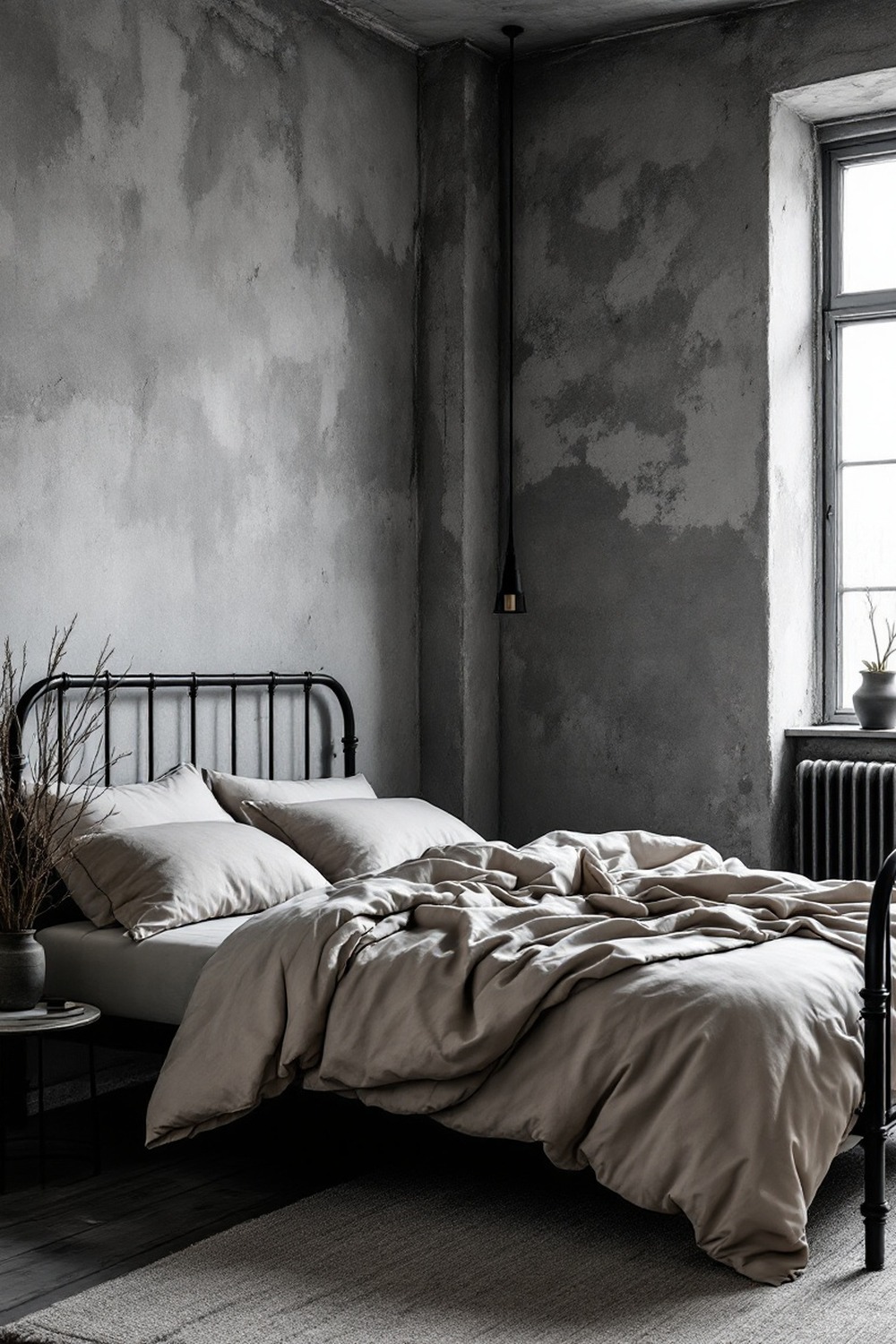 A grunge minimalist bedroom with a raw concrete wall, a black metal bed and washed grey linen