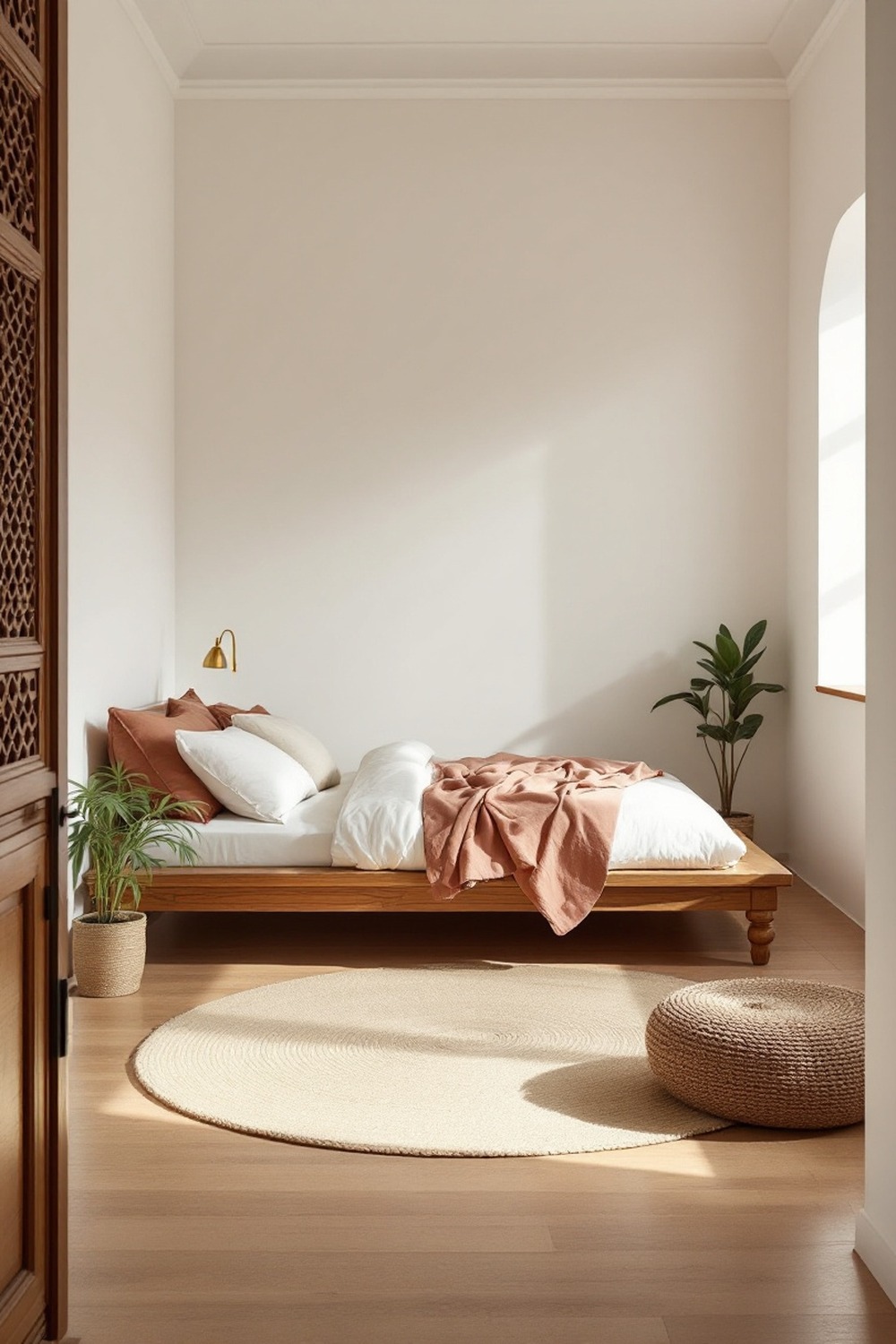 An Indian minimalist bedroom with a carved jaali screen, a teak low bed, terracotta handloom bedding and a jute rug
