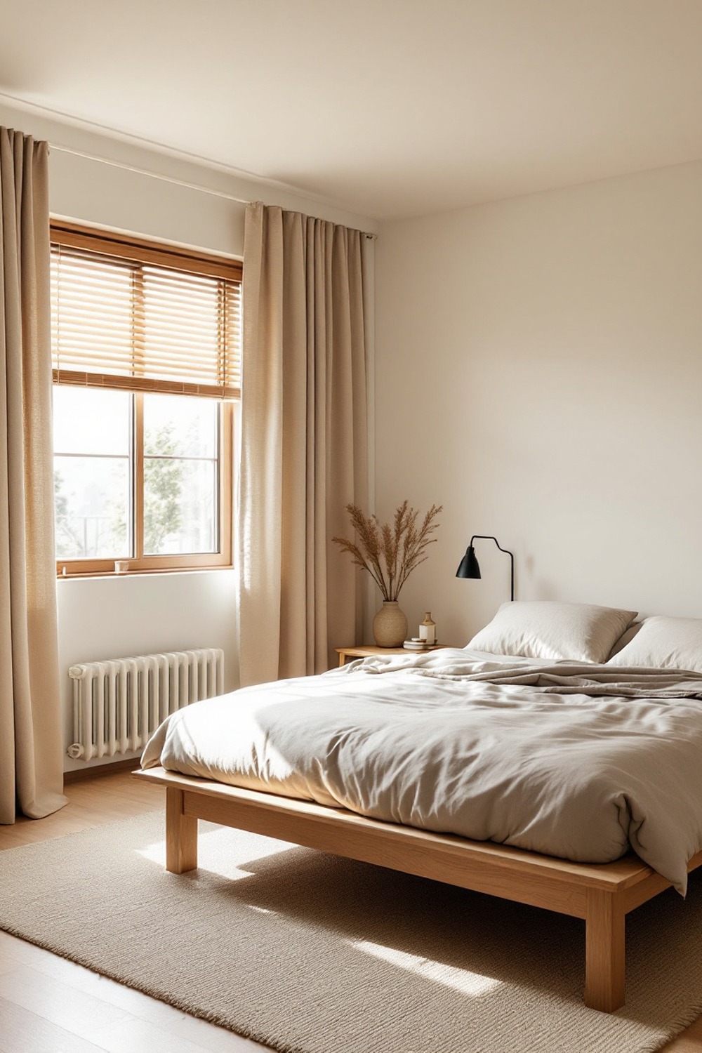 A minimalist bedroom with Japandi natural flax curtains over wood-slat blinds