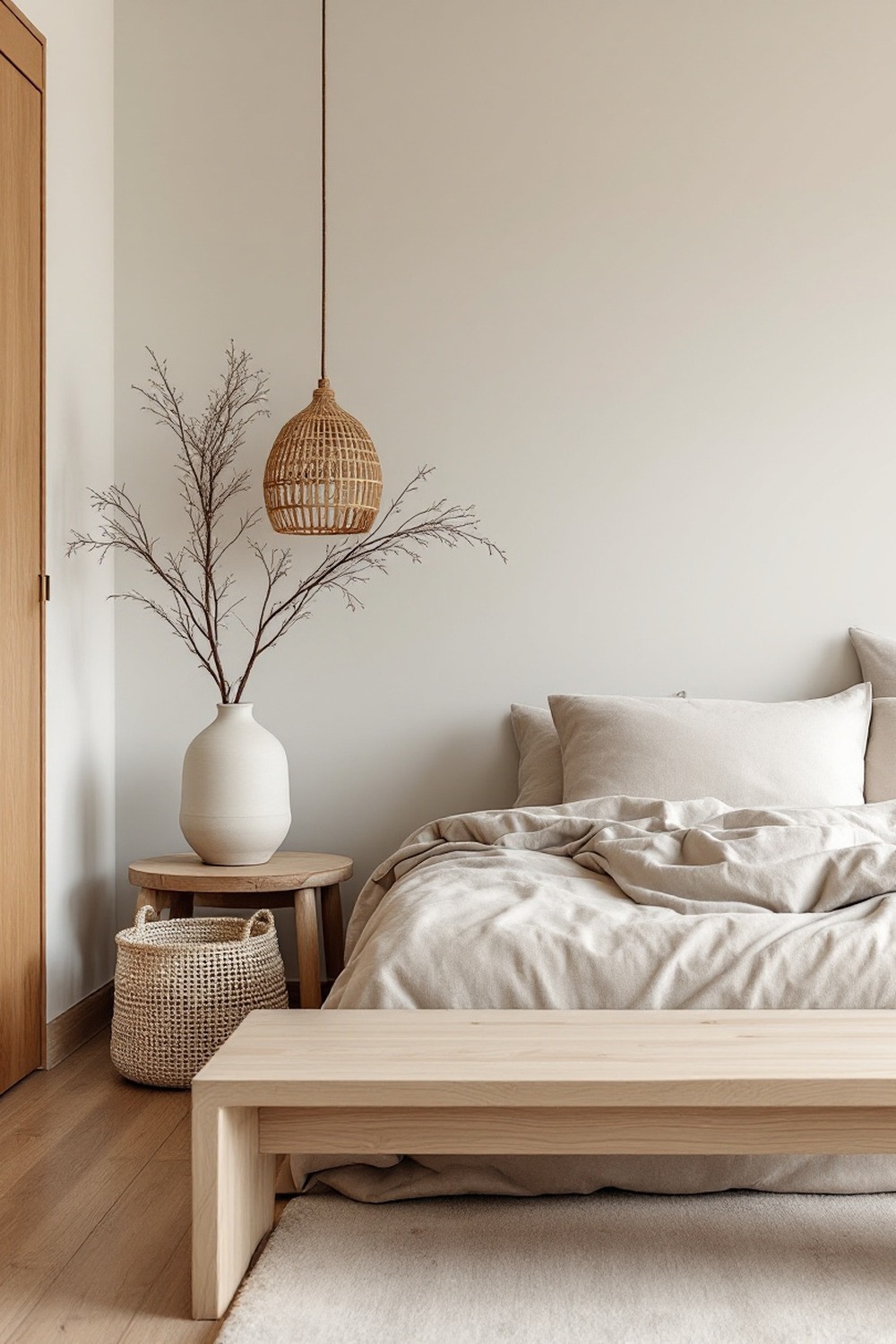 A Japandi minimalist bedroom with warm wood, linen bedding, a rattan pendant and wabi sabi textures