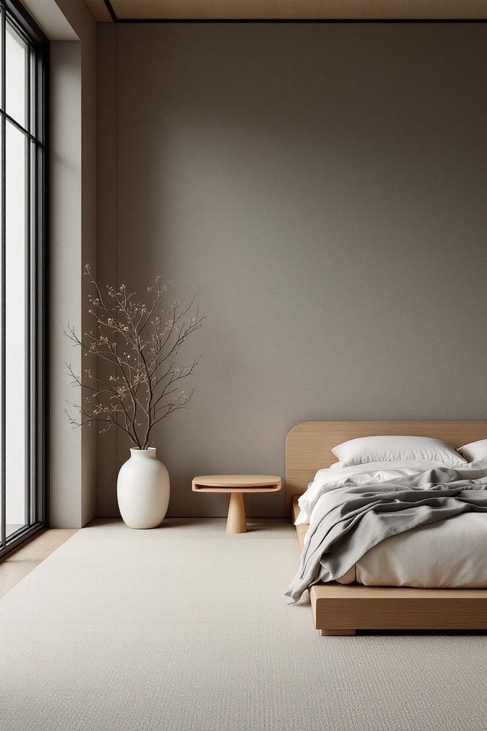 A Japanese minimalist bedroom with a low wood platform bed, a branch in a ceramic vase and an open floor