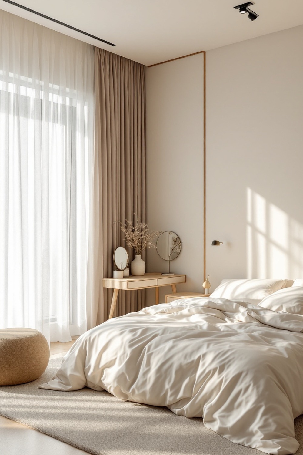 A soft, bright Korean minimalist bedroom with sheer curtains, cream bedding and a small round mirror vanity