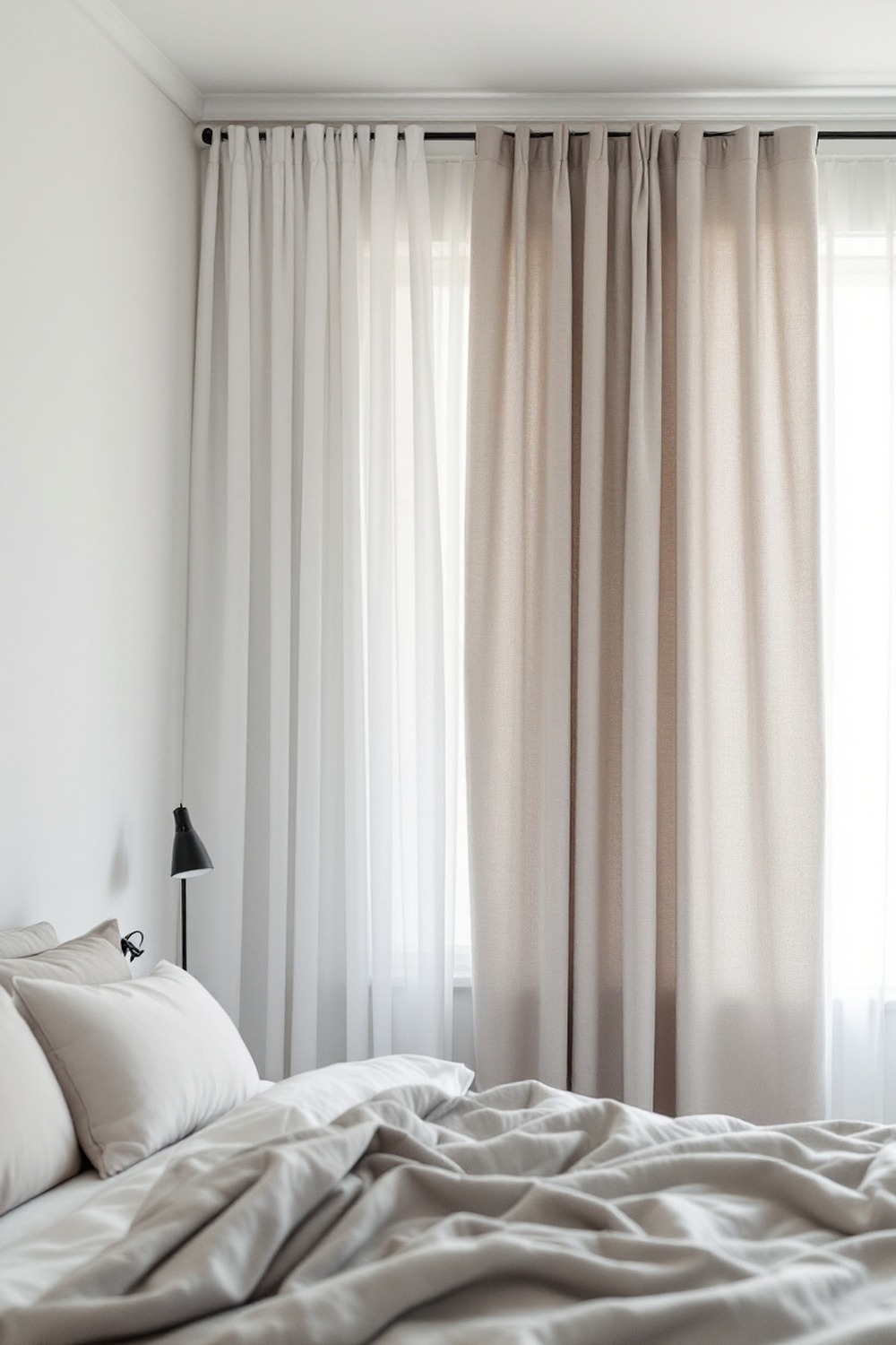 A minimalist bedroom with layered sheer and opaque curtains on a double track