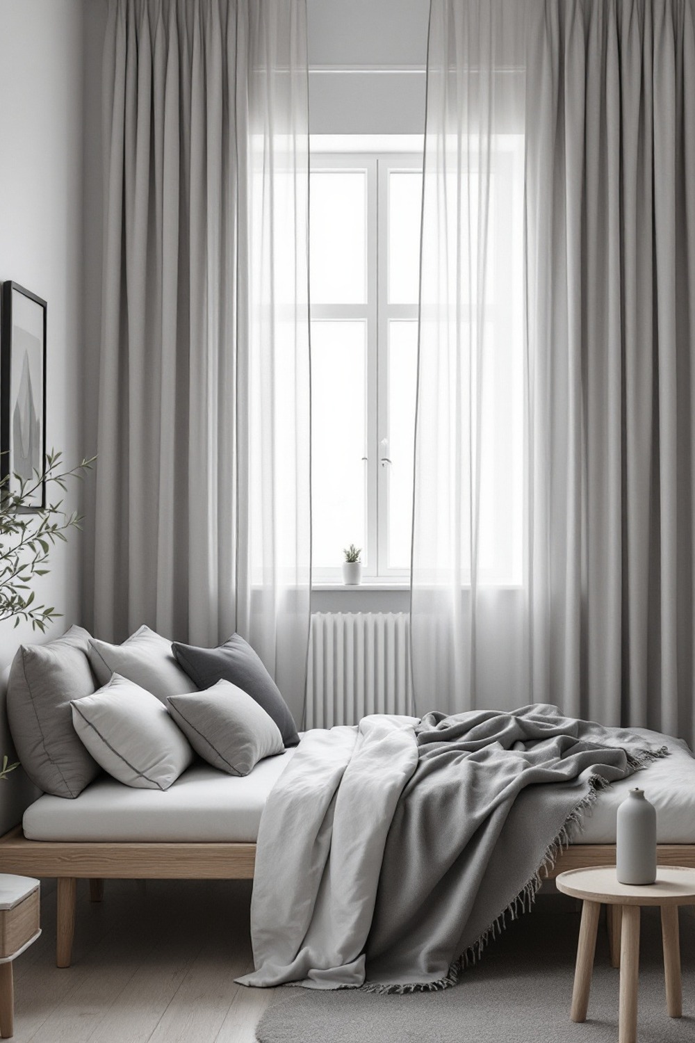 A minimalist bedroom with soft light-grey curtains and grey and white linen