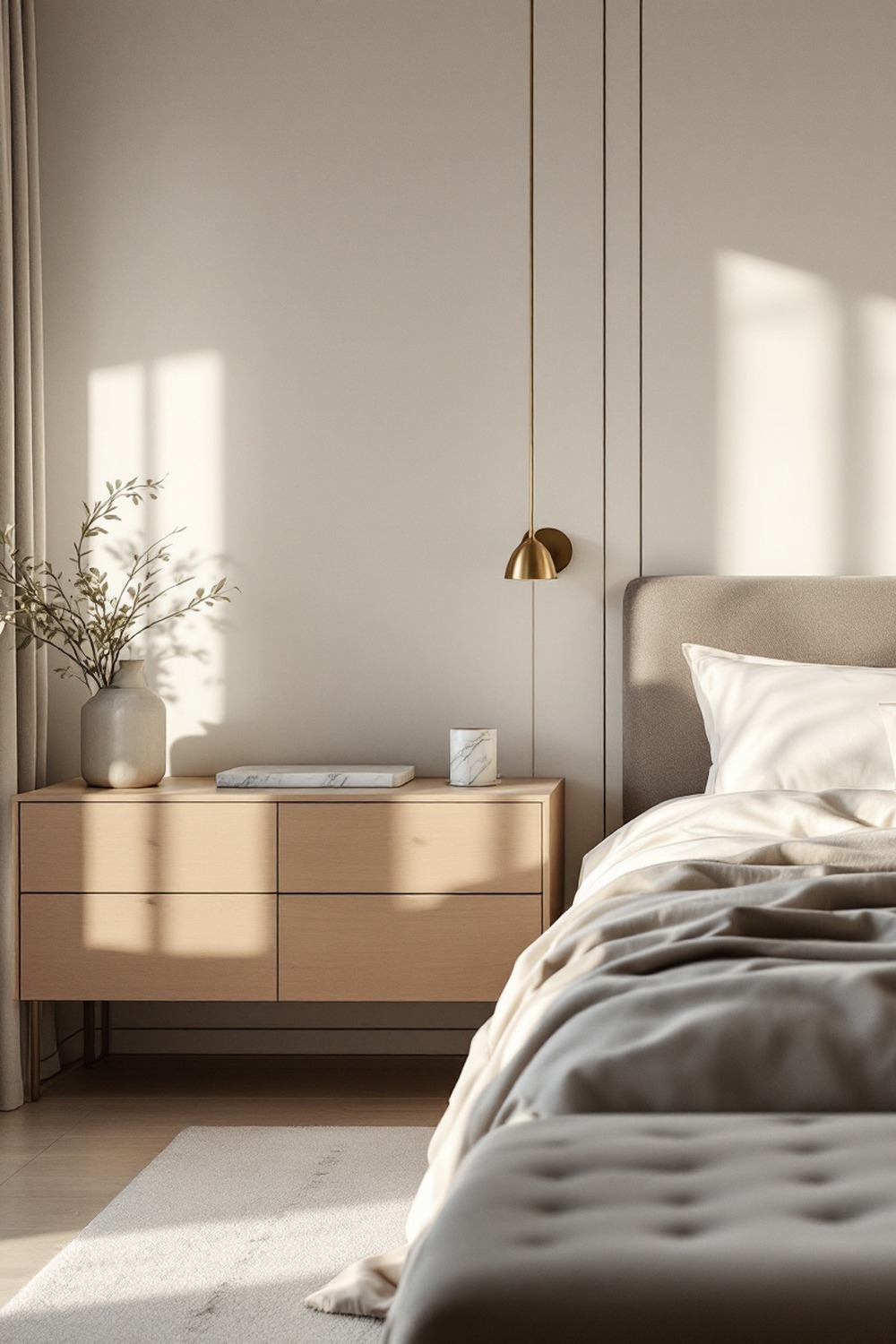 A luxury minimalist bedroom with marble, brushed brass and a velvet bench