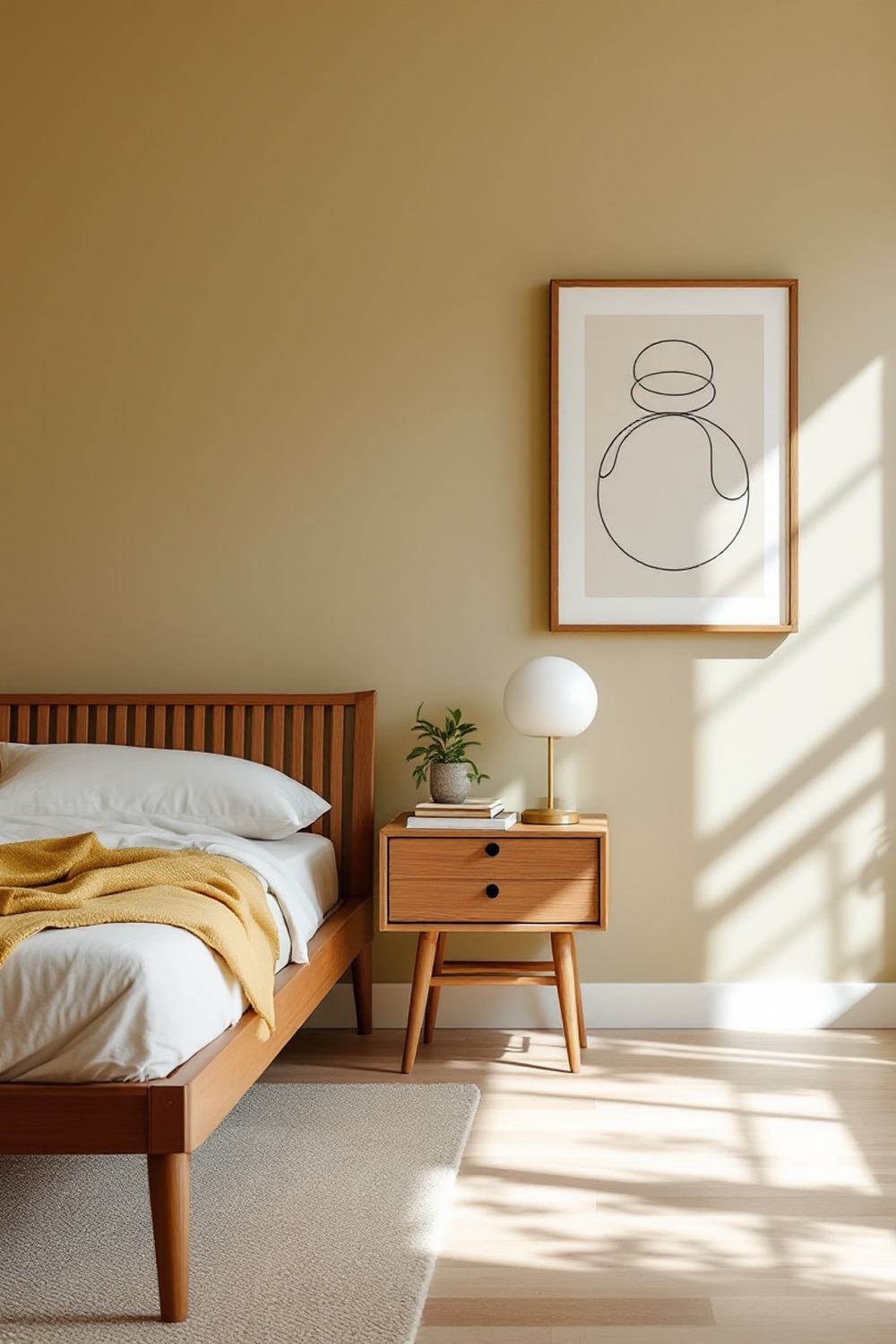 A mid century modern minimalist bedroom with walnut furniture, tapered legs and a warm mustard wall