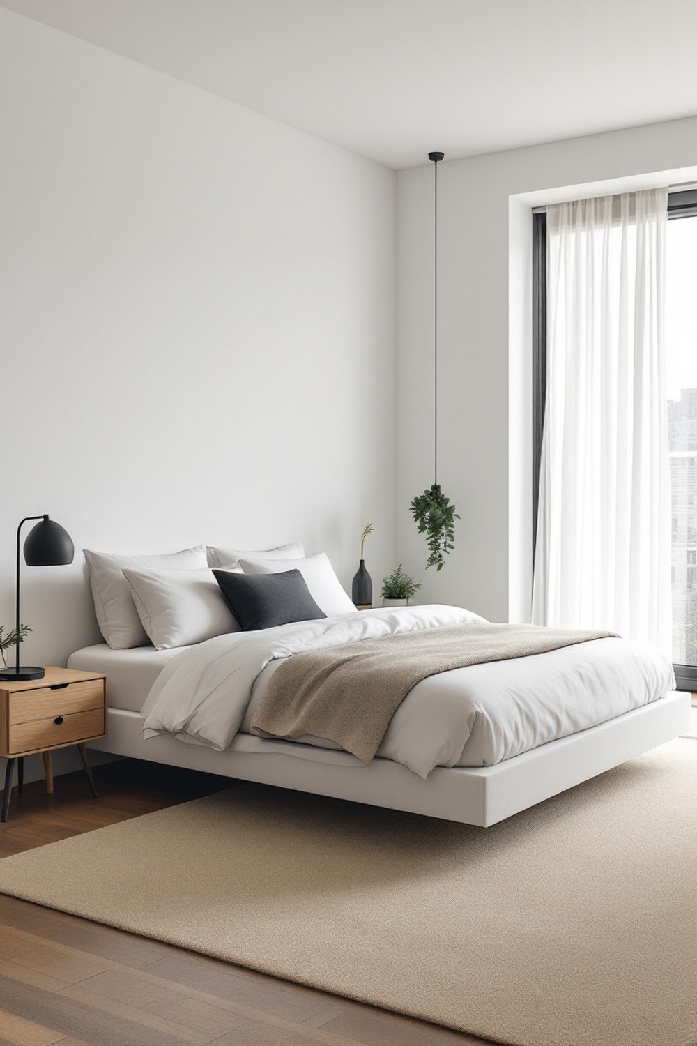A modern minimalist bedroom with a low white platform bed, oak nightstand and a soft oatmeal rug