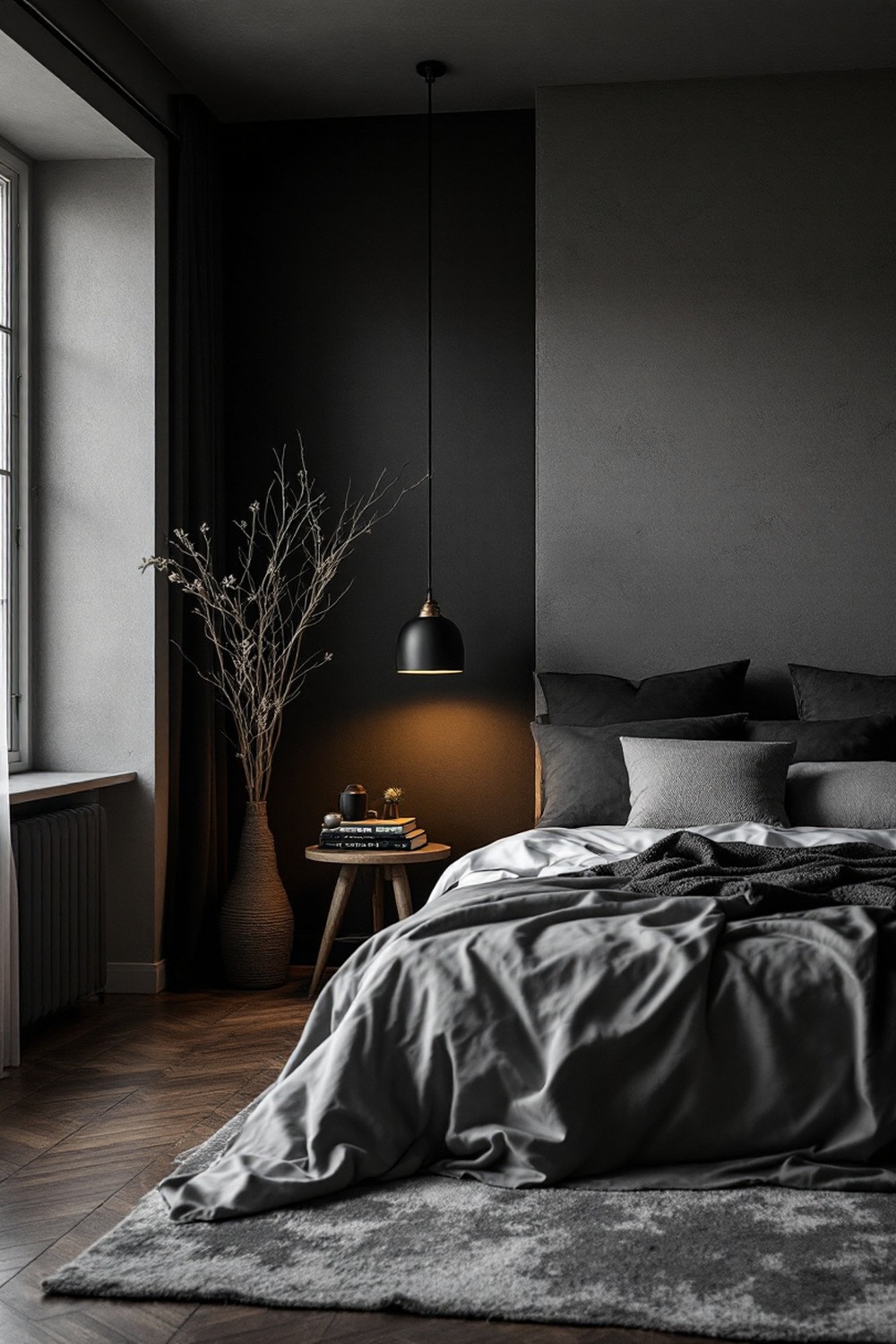 A moody minimalist bedroom with muted tones, soft lamplight and long shadows