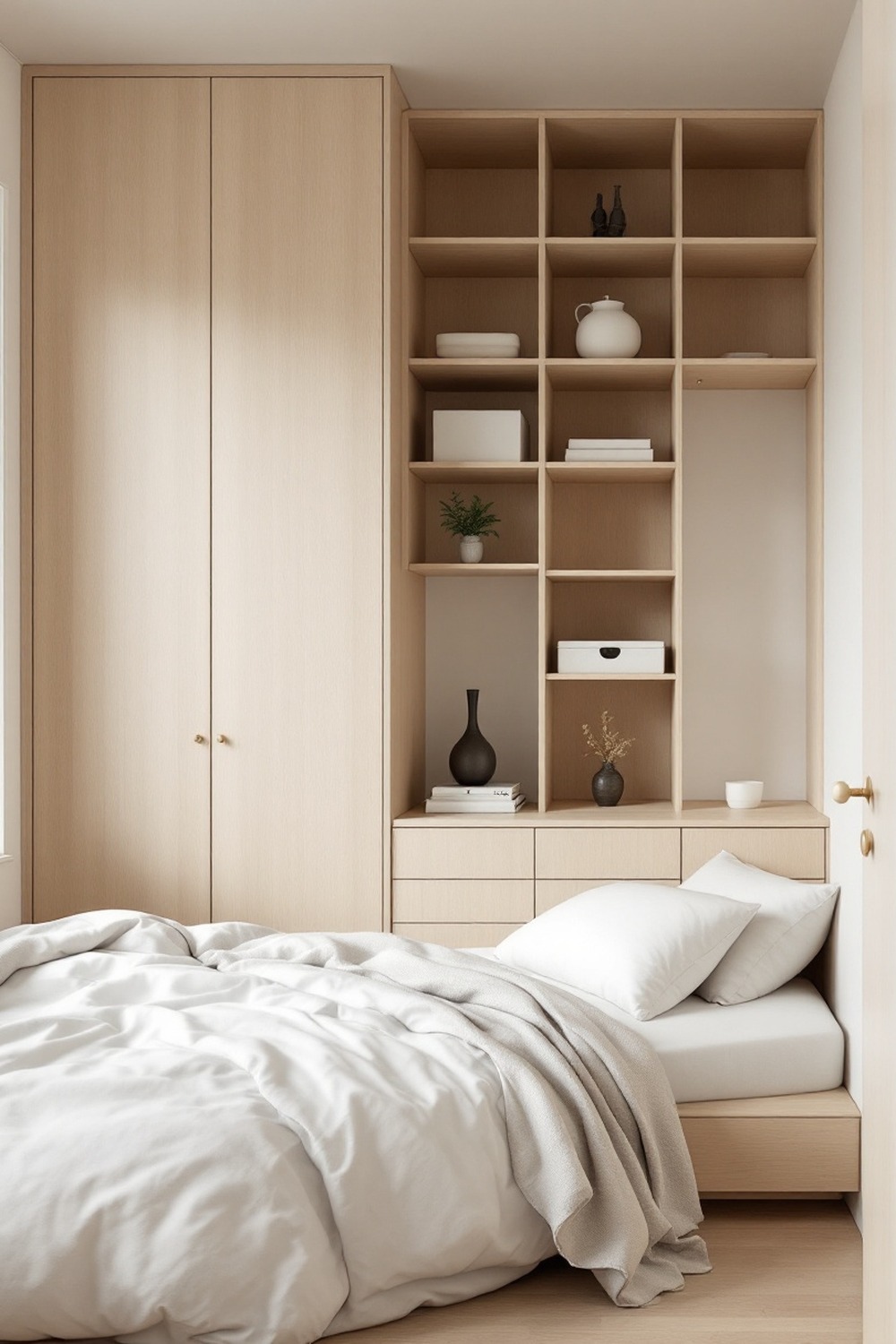 A Muji style minimalist bedroom with light wood storage, simple cotton bedding and a calm neutral palette