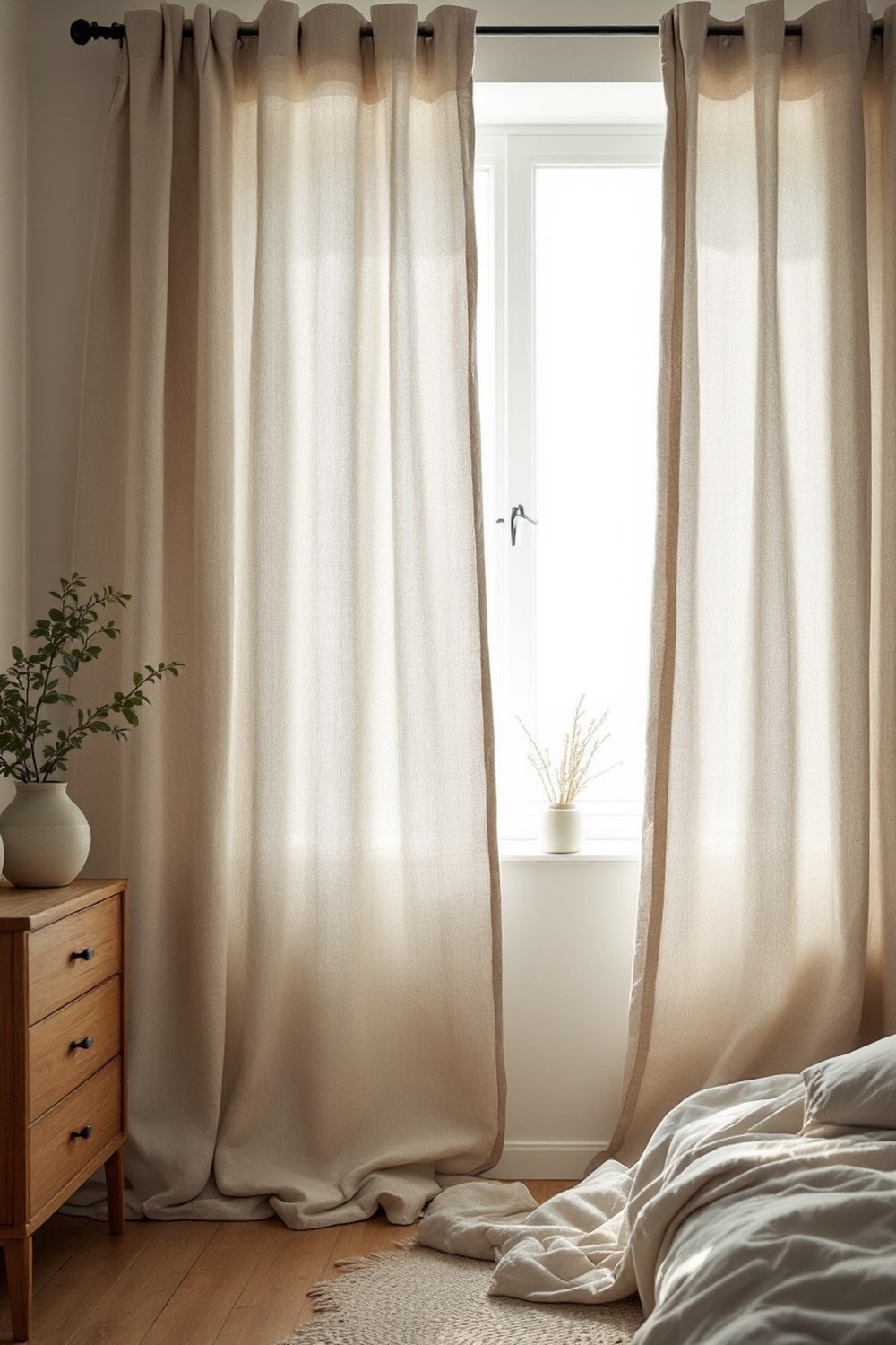 A minimalist bedroom with natural oatmeal linen curtains in a relaxed drape