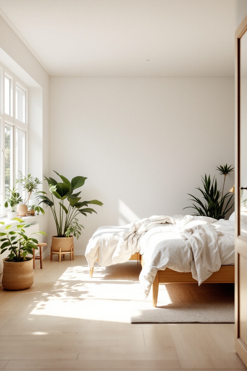 A natural minimalist bedroom with pale wood, white walls, abundant daylight and potted plants