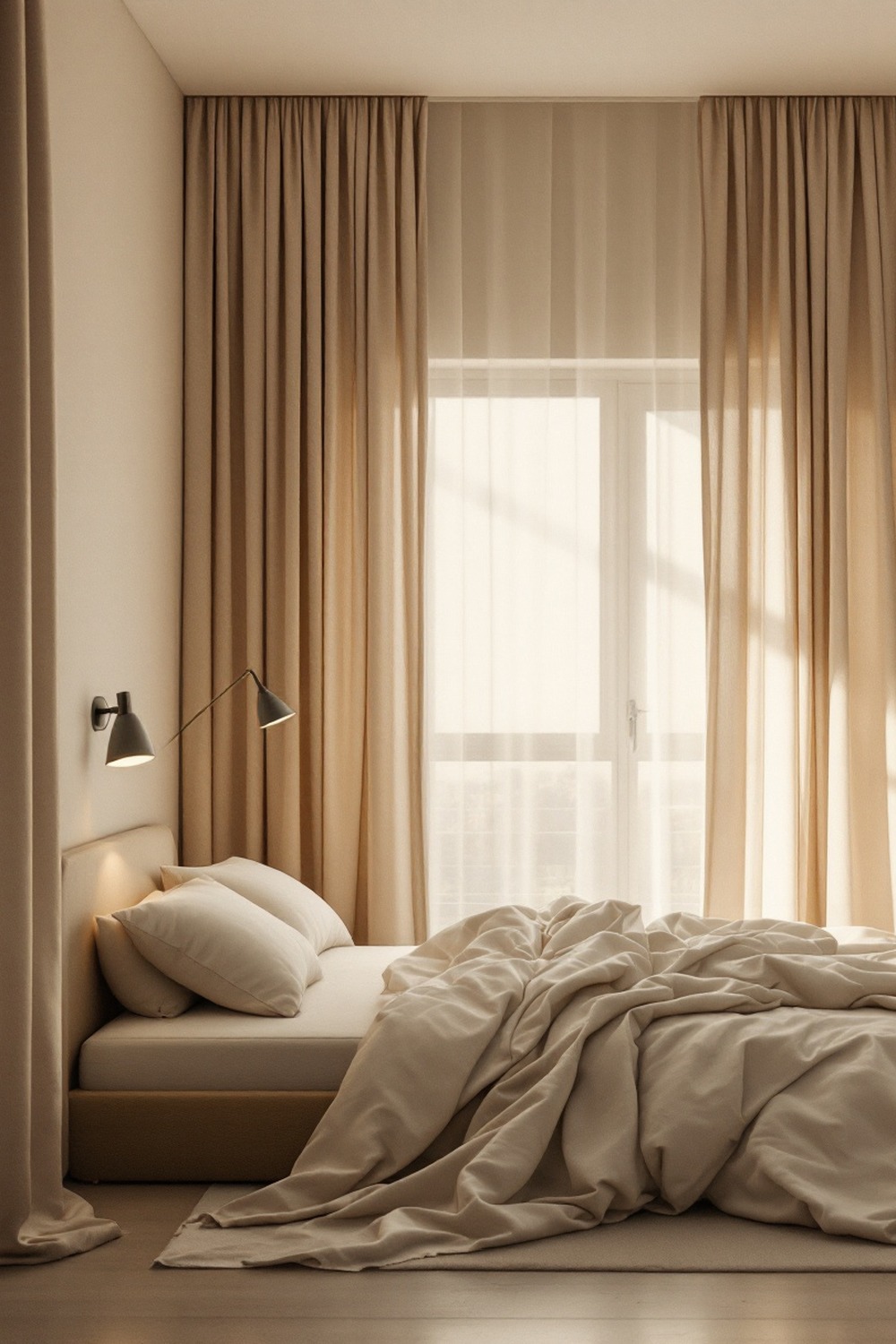 A minimalist bedroom with neutral beige curtains blending into the warm wall