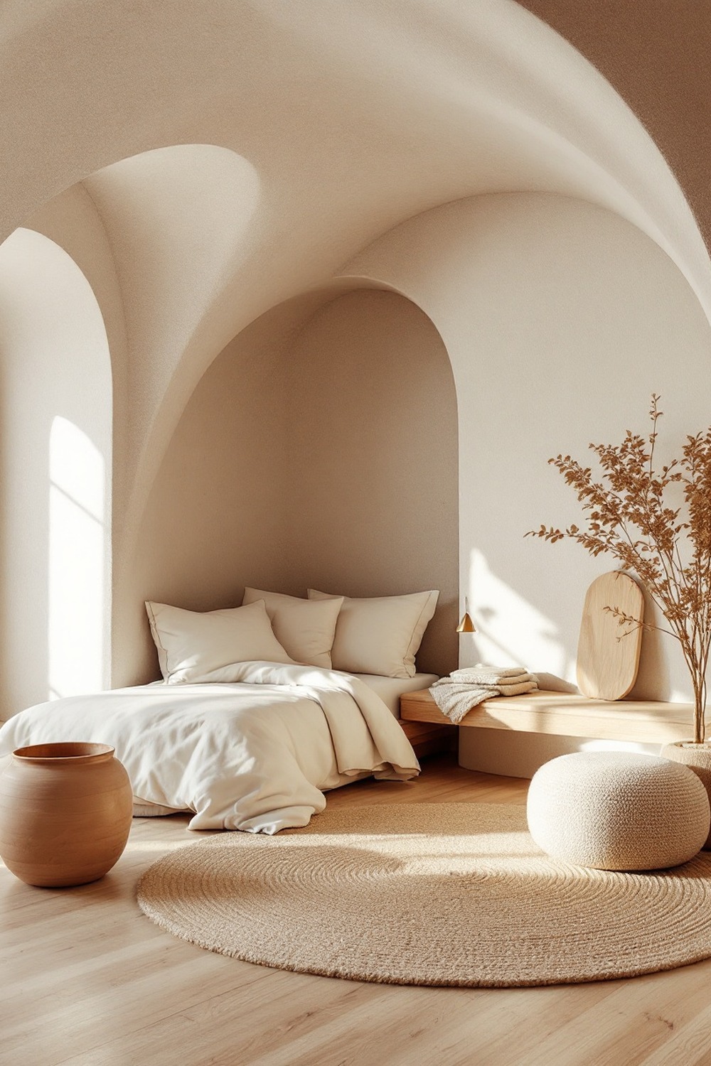 An organic minimalist bedroom with a curved plaster wall, warm neutrals and a round jute rug