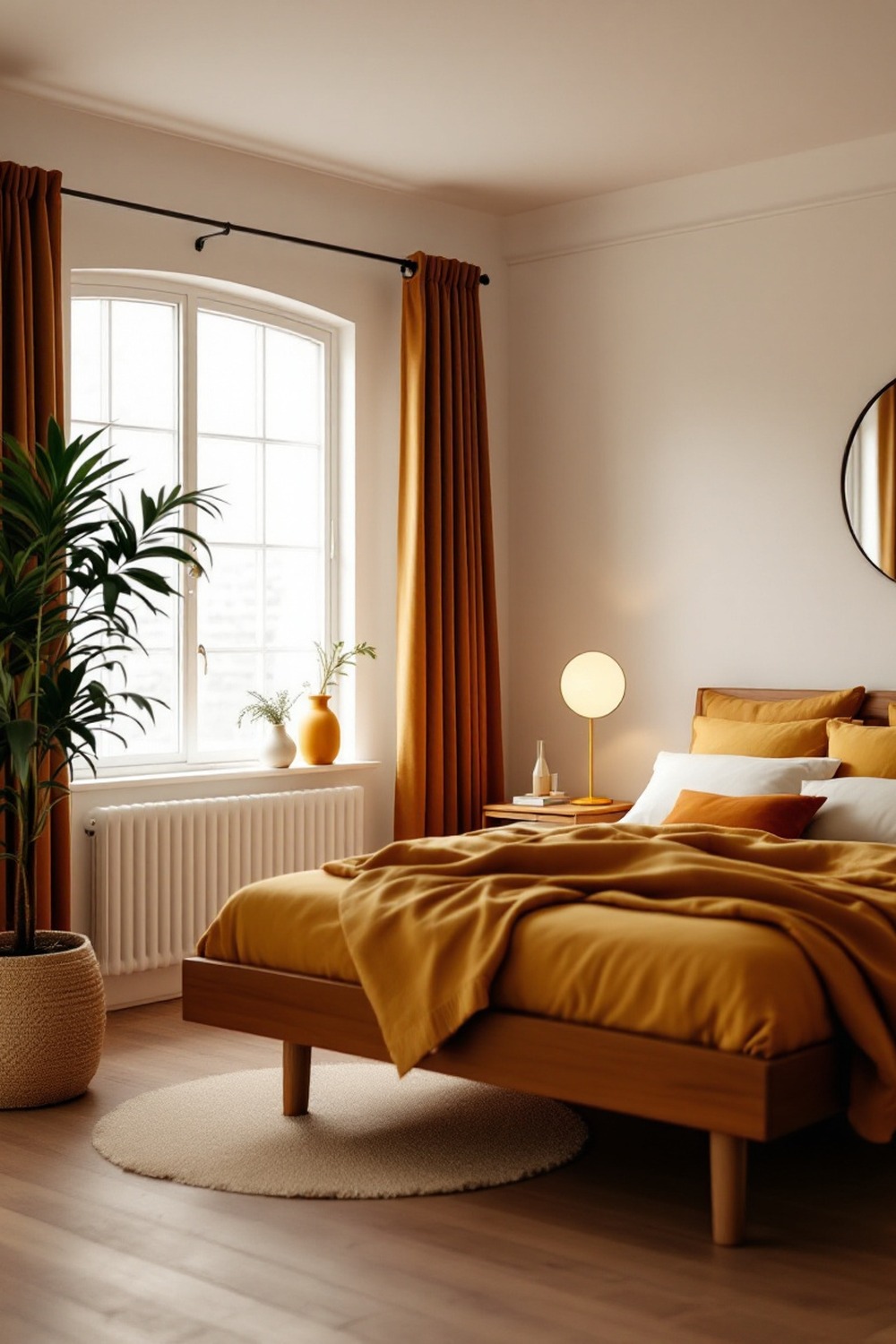 A retro minimalist bedroom with a warm seventies palette of mustard and rust and a vintage lamp