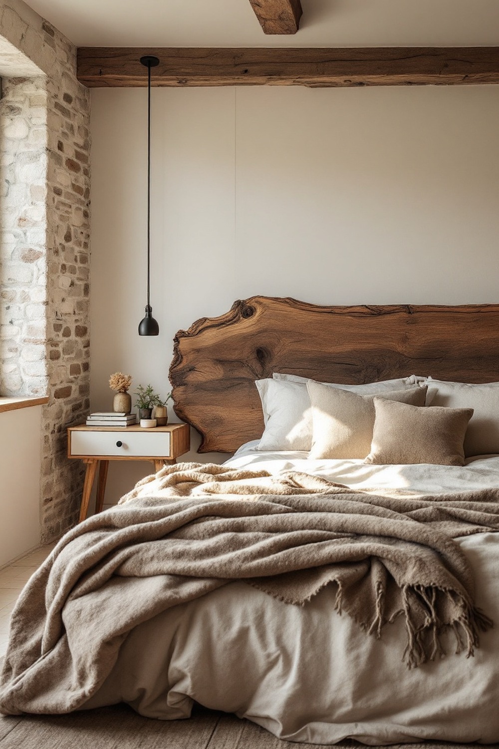 A rustic minimalist bedroom with a live-edge wood headboard, exposed stone and chunky linen