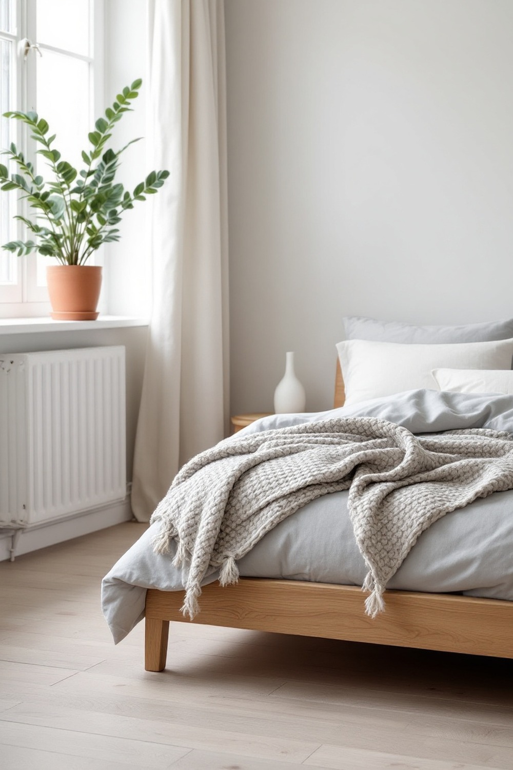 A Scandinavian minimalist bedroom with pale oak furniture, a chunky knit throw and a potted plant