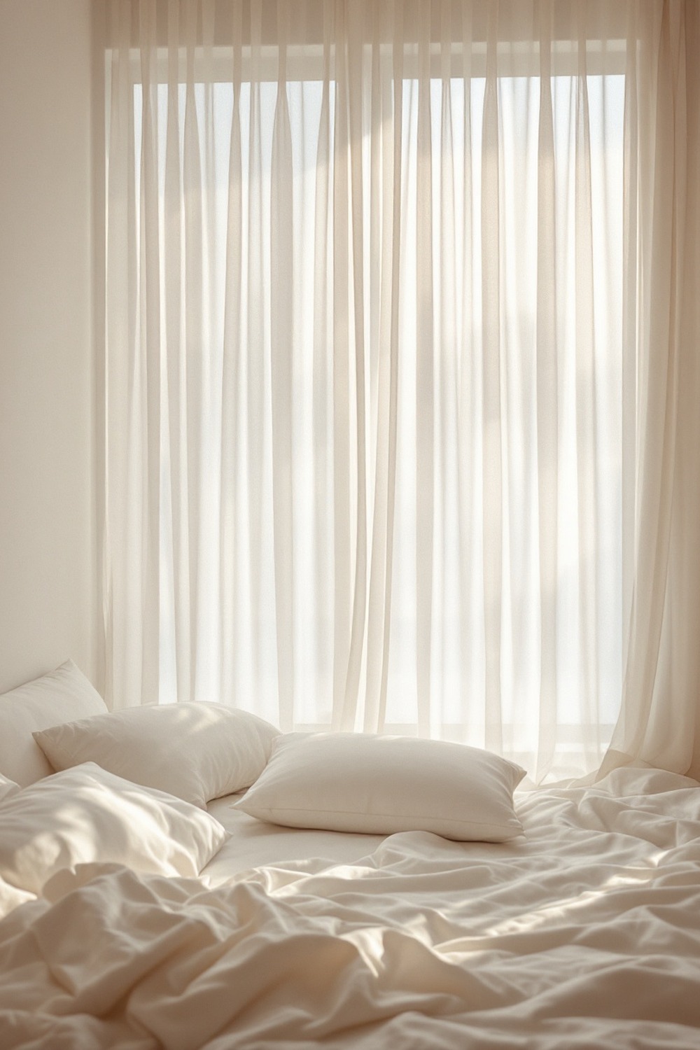 A minimalist bedroom with sheer white curtains filtering soft daylight