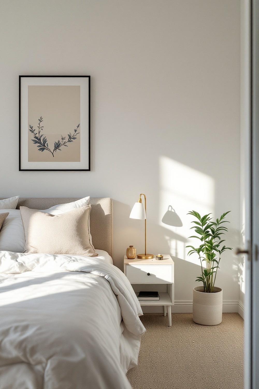 A simple minimalist bedroom with a bed, a nightstand, a lamp and one piece of art
