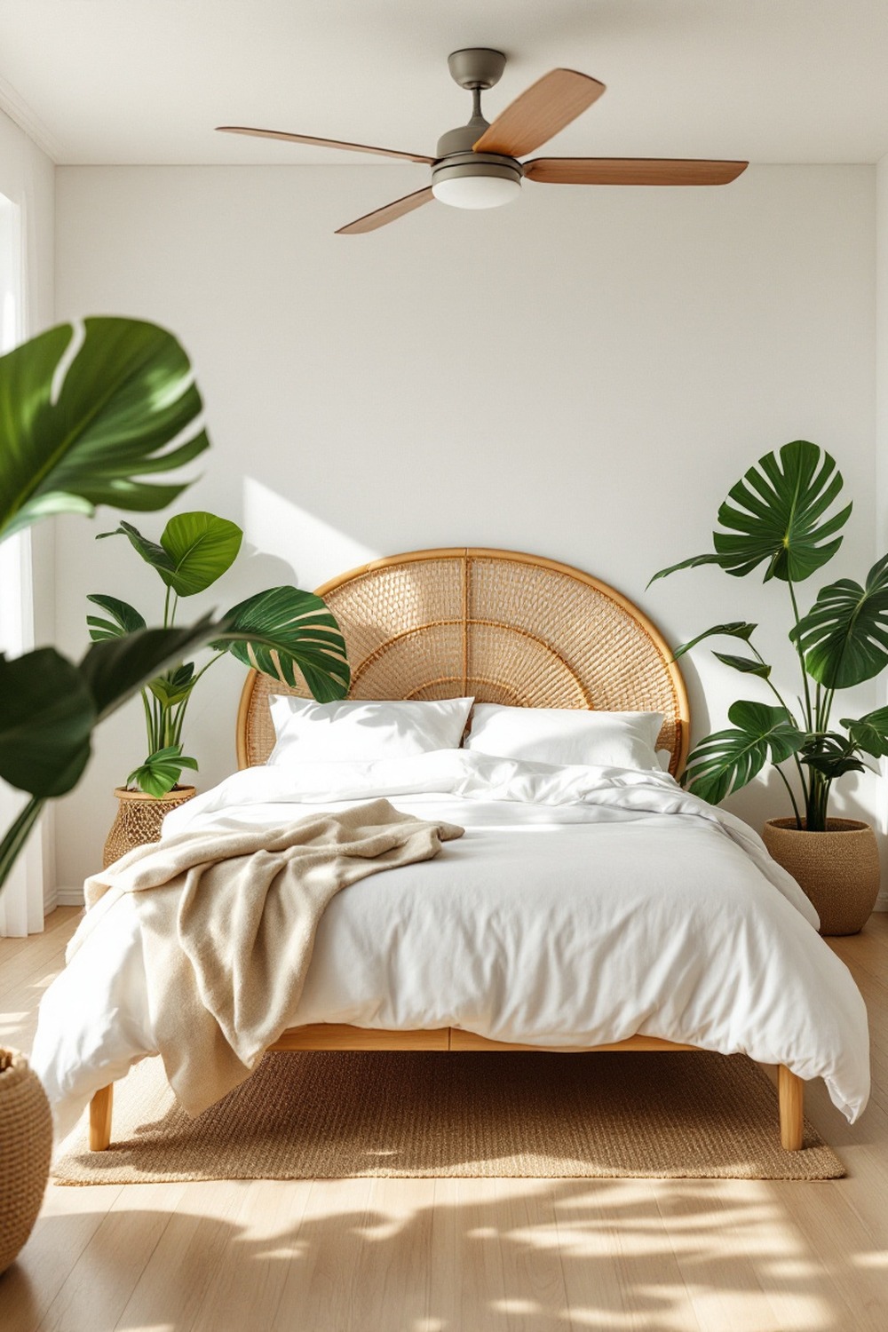 A tropical minimalist bedroom with a rattan headboard, large leafy plants and a ceiling fan