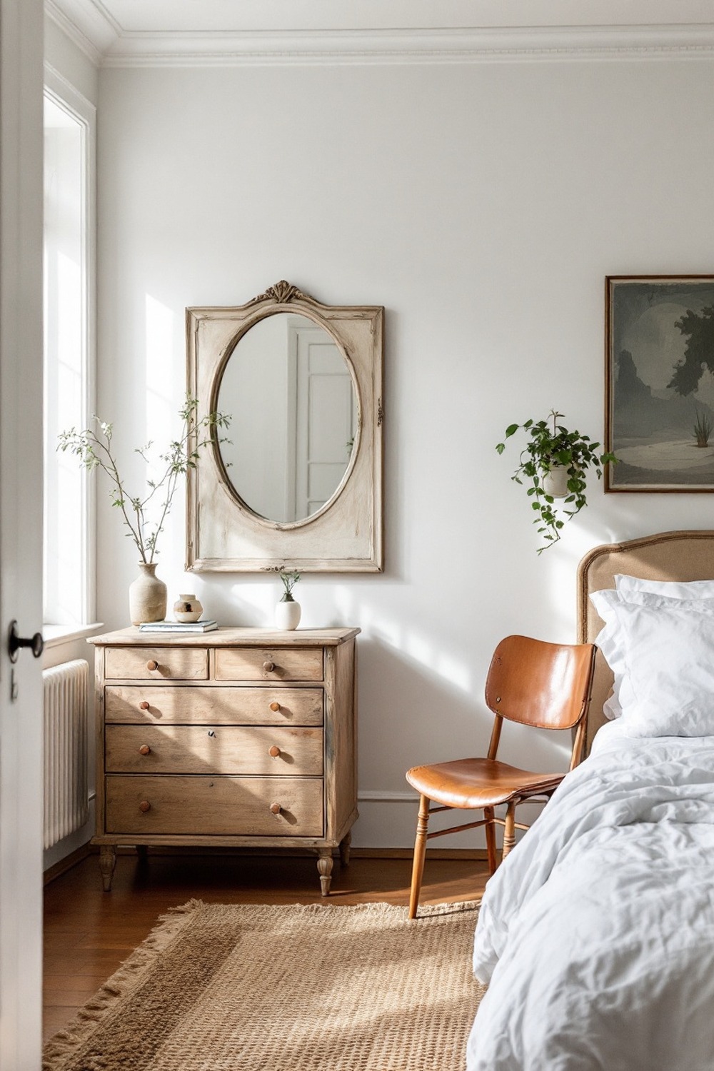 A vintage minimalist bedroom with an aged wood dresser, an antique mirror and a worn leather chair