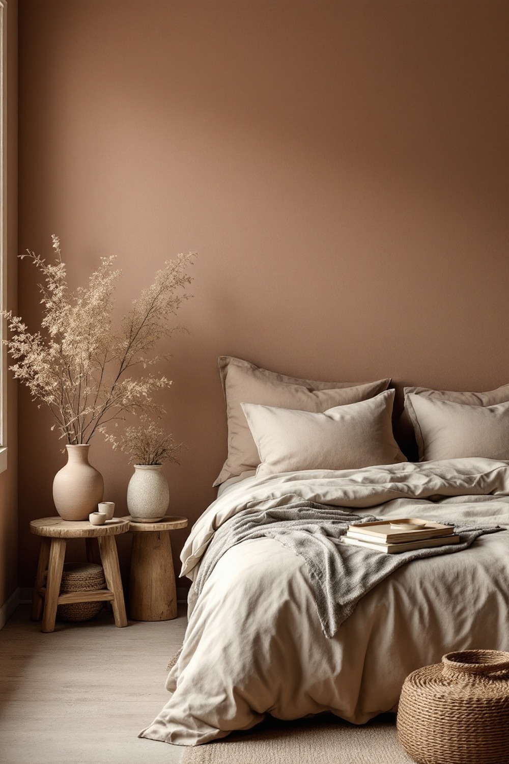 A wabi sabi minimalist bedroom with clay plaster walls, aged wood, linen bedding and handmade pottery