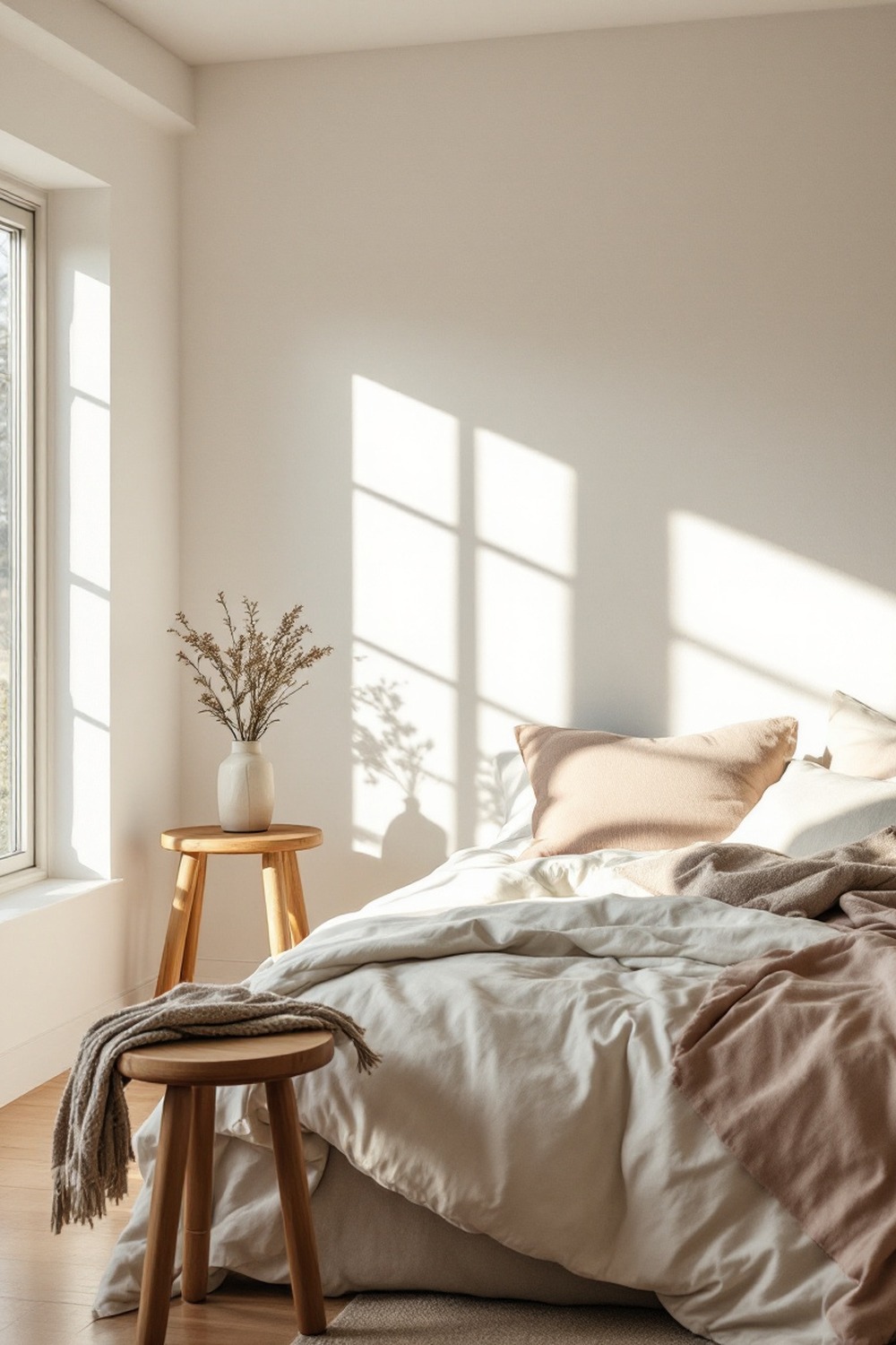 A warm minimalist bedroom with honey oak wood, cream and oatmeal linen and soft warm light