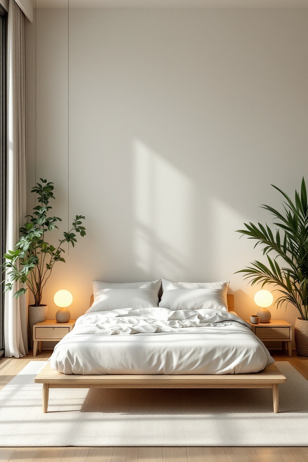 A zen minimalist bedroom with a low bed, sage and neutral tones, real plants and warm bedside lamps
